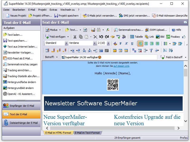 Newsletter Software SuperMailer zur Erstellung von Newslettern im HTML und Text-Format